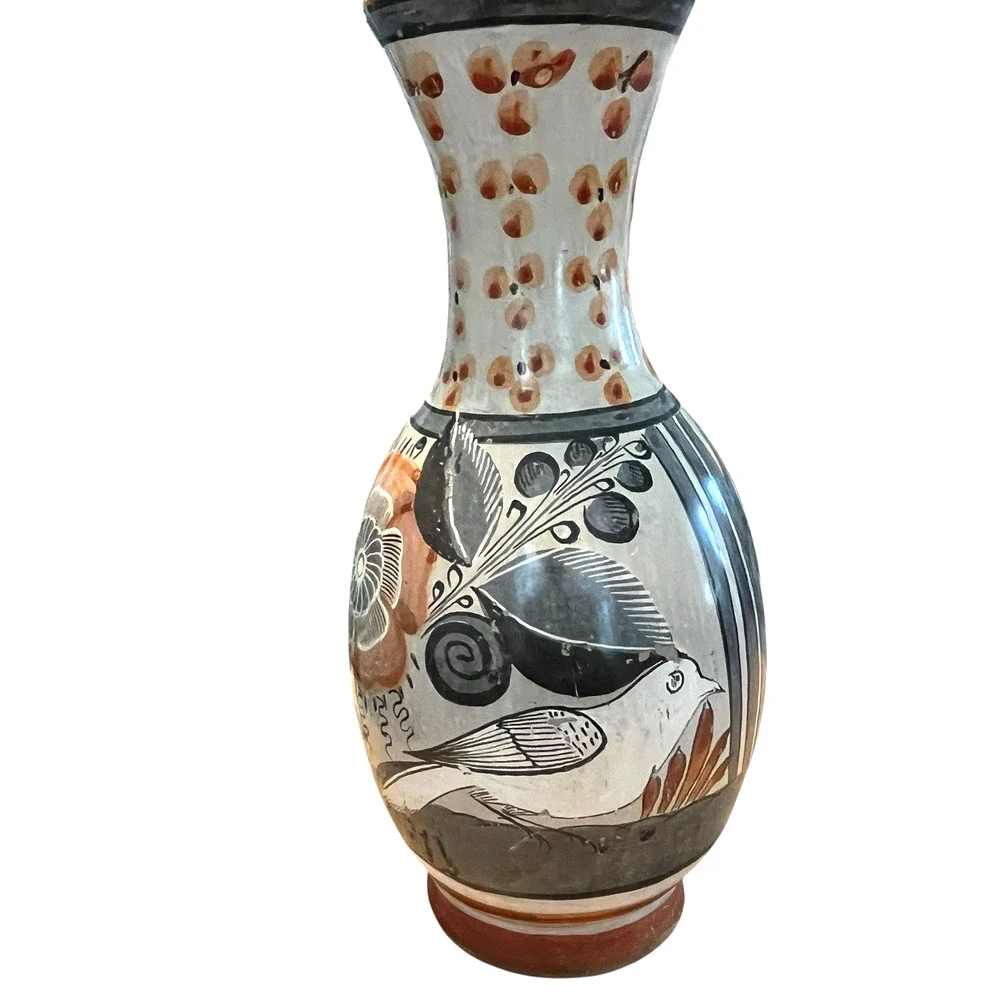Tonala Oil Water Vase Jug Vintage Signed Solis Rustic Mexican Birds Plants Retro - Picture 7 of 14